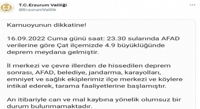 Erzurum Valiliği: ‘Can ve mal kaybı yok'