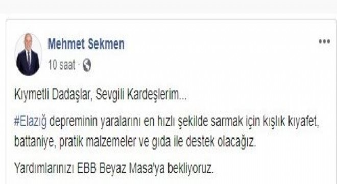 Sekmen'den depremzedelere yardım çağrısı